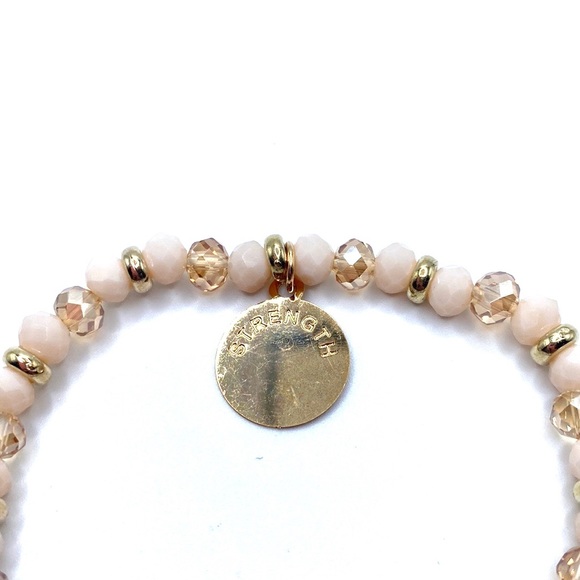 Strength Beaded Stretch Word Bracelet Cream Gold Tone - Picture 2 of 4